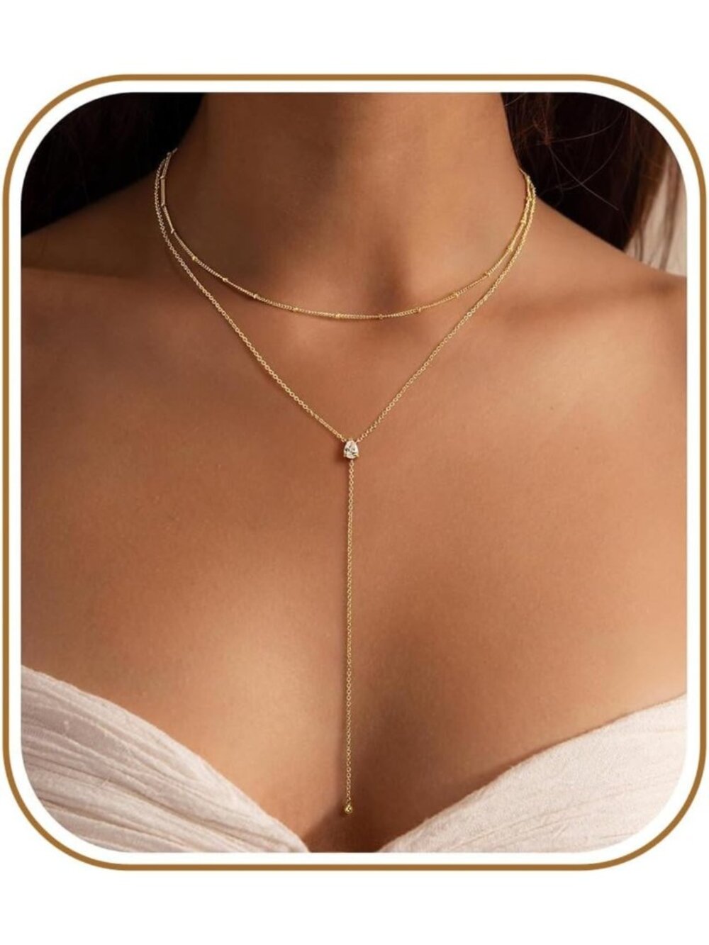 Dainty Gold Plated Lariat Necklace for Women, Y-Shaped Layered Drop Jewelry